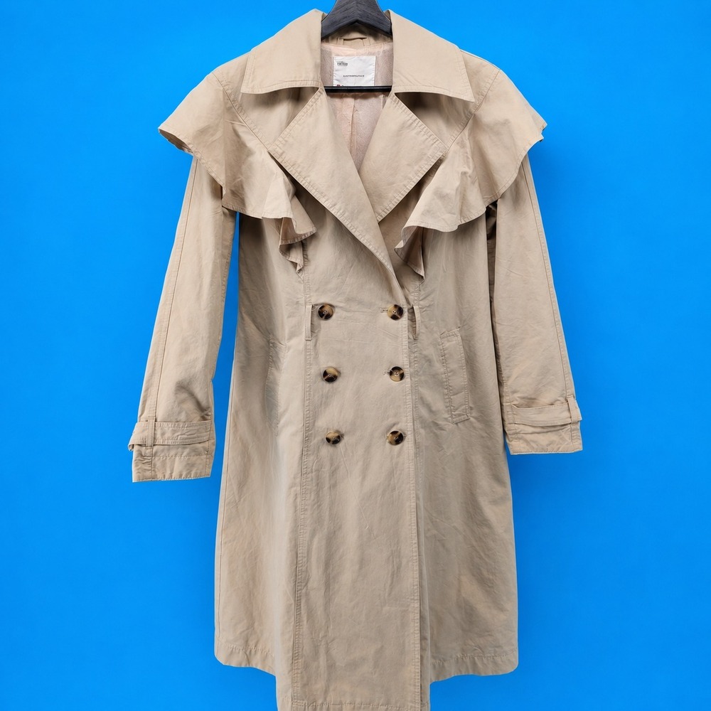 Anthropologie Women's Beige Ruffle Trench Coat Double Breasted Long Jacket XS